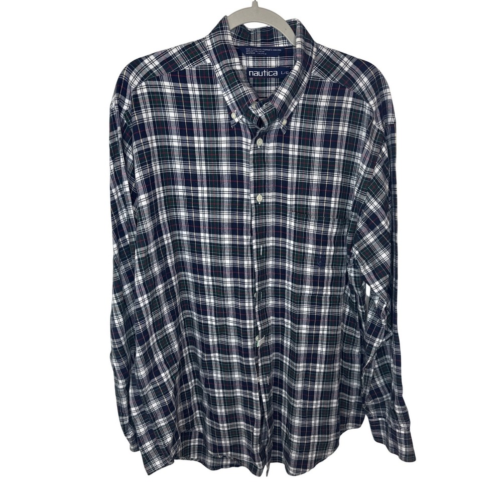Nautica Mens Plaid Button Down Shirt Long Sleeve Size L G Green White Blue